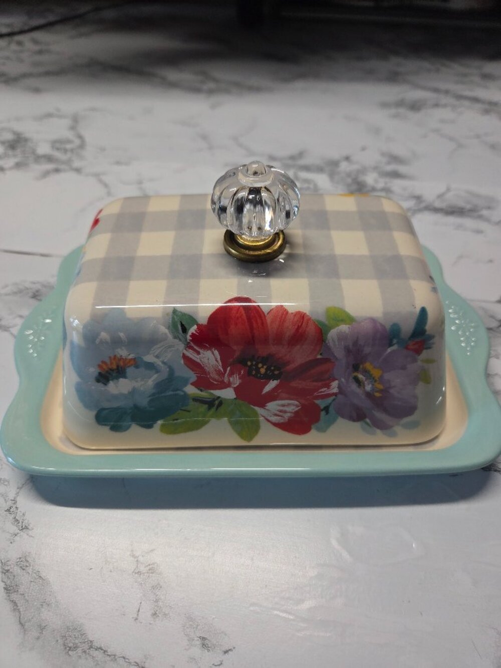 The Pioneer Woman Sweet Romance Covered Butter Dish Stoneware Gingham Floral